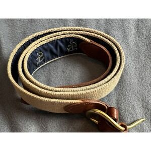 Leather Man Ltd Canvas Belt Brass Buckle Navy Anchor Ribbon Brown Leather 38-40